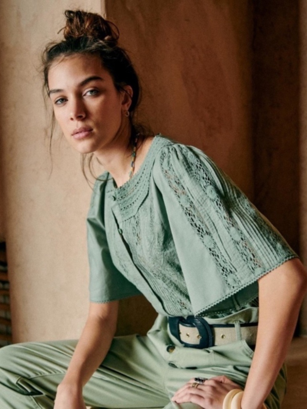 Sezane Embroidered Jane Blouse in Verdigris 34 USA 2
